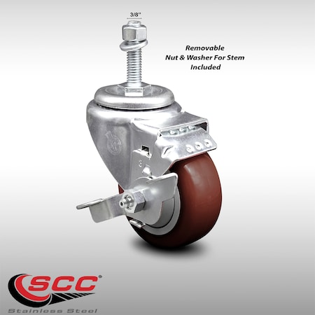 Service Caster 3.5 Inch SS Maroon Polyurethane Swivel 3/8 Inch Threaded Stem Caster Brake SCC SCC-SSTS20S3514-PPUB-MRN-TLB-381615